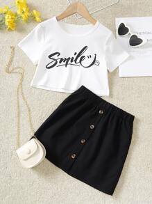 Girls Cartoon & Letter Graphic Tee & Fake Button Skirt - Black and White - View 1