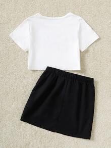 Girls Cartoon & Letter Graphic Tee & Fake Button Skirt - Black and White - View 2