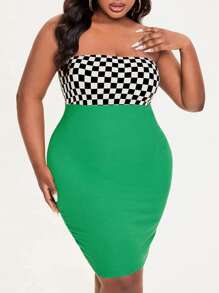 Slaydiva Plus Checker Print Tube Bodycon Dress - Multicolor - View 1