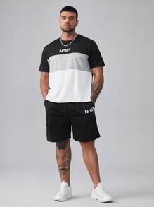 Manfinity Homme 男士字母圖案撞色T恤和腰部抽繩短褲 - 彩色 - 查看 1