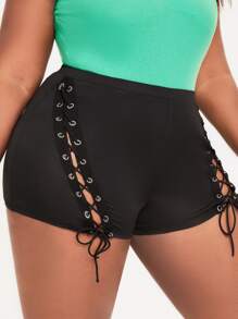 Slaydiva 大碼扣眼繫帶短褲 - 黑色 - 查看 3