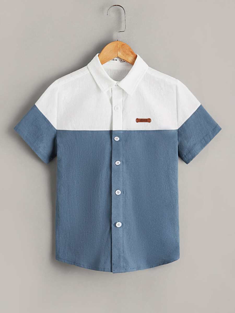 SHEIN Tween Boy Letter Patch Two Tone Button Through Shirt - Multicolor - View 1