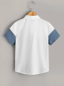 SHEIN Tween Boy Letter Patch Two Tone Button Through Shirt - Multicolor - View 2
