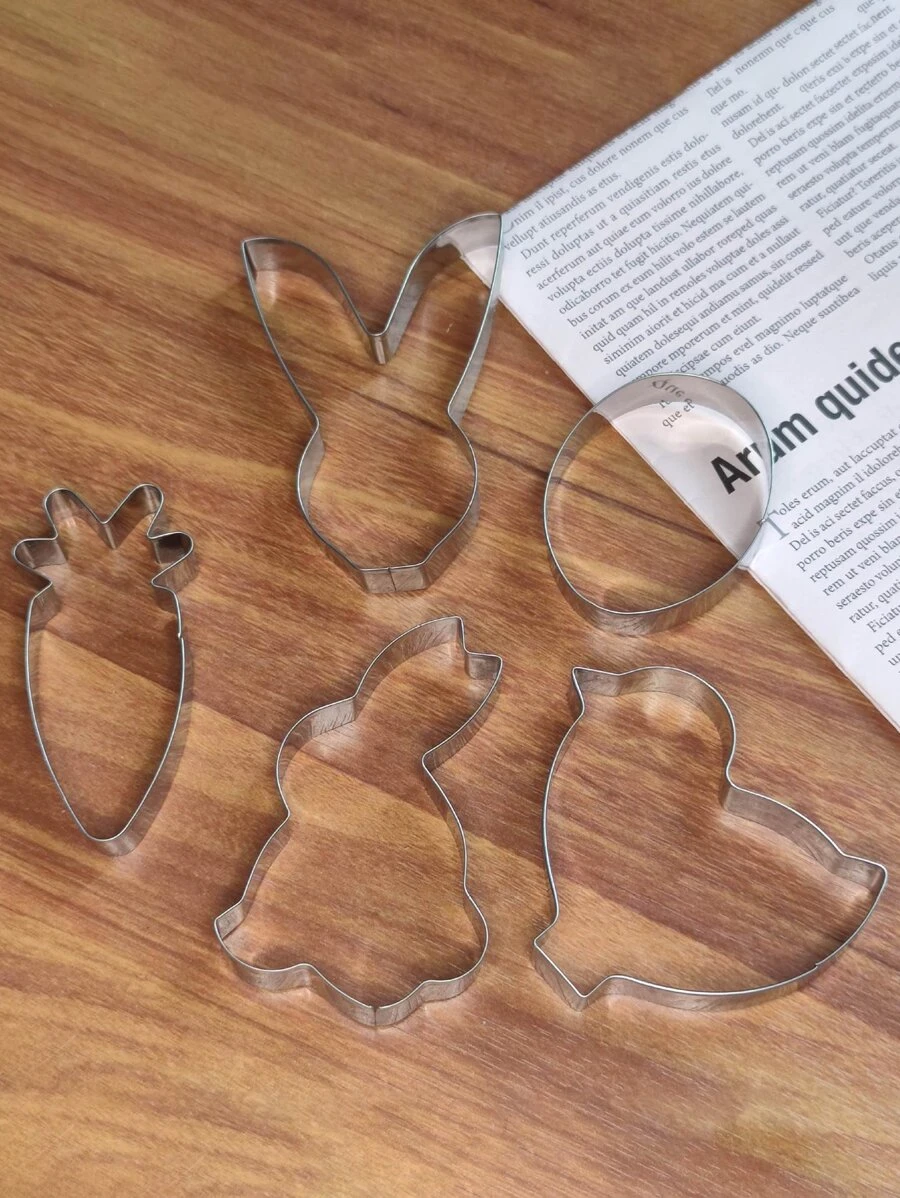 5pcs Cookie Cutter, Bunny, Carrot, Cartoon Cookie Cutter, Animal Shape Cookie Cutter, Cookie, Stainless Steel Cookie Cutter, Cake Baking, Cookie Baking, Pastry Baking Supplies - Silver - View 1