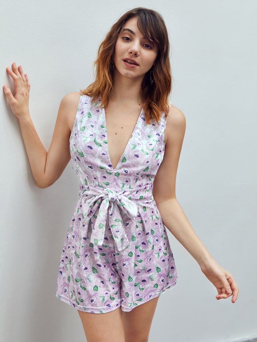 Daylu Áo liền quần nữ Thắt lưng Thắt nơ trước Hoa Tất cả trên in Boho - Nhiều màu - Xem 1