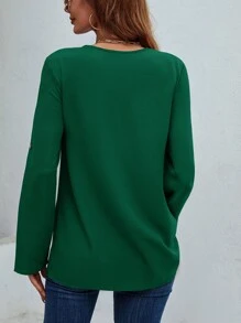 SHEIN LUNE Half Zipper Roll Tab Sleeve Blouse - Dark Green - View 2
