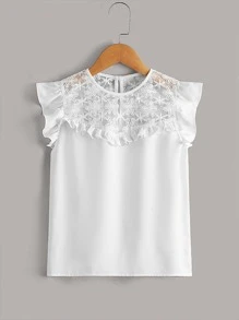 SHEIN 女孩花卉刺繡嵌入網紗荷葉袖襯衫 - 白色 - 查看 1