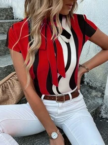 SHEIN Clasi Block Striped Tie Neck Blouse - Multicolor - View 6