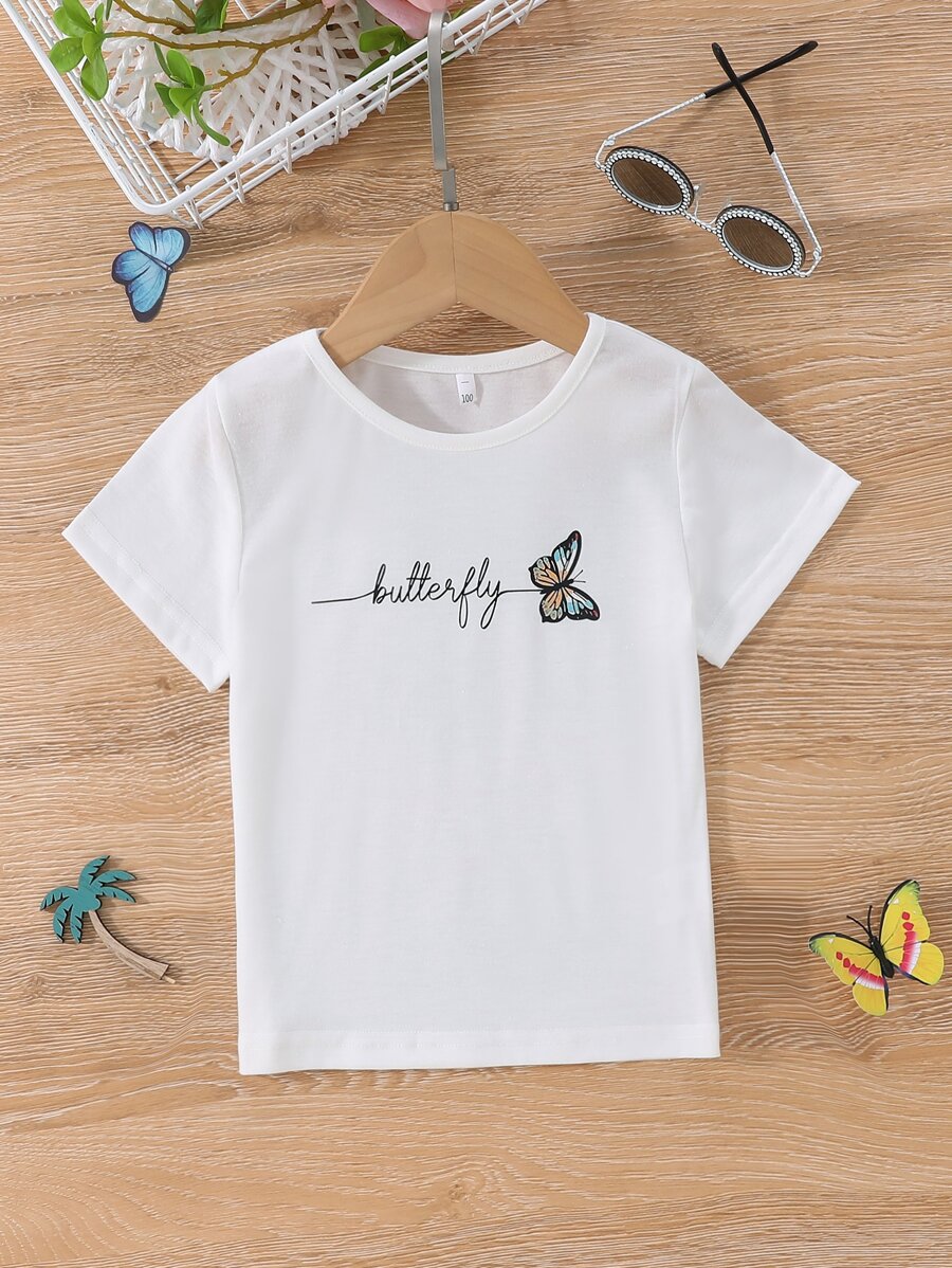 Toddler Girls Letter & Butterfly Print Tee - White - View 1