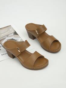 Minimalist Hollow Out Chunky Sandal Mules - Brown - View 1