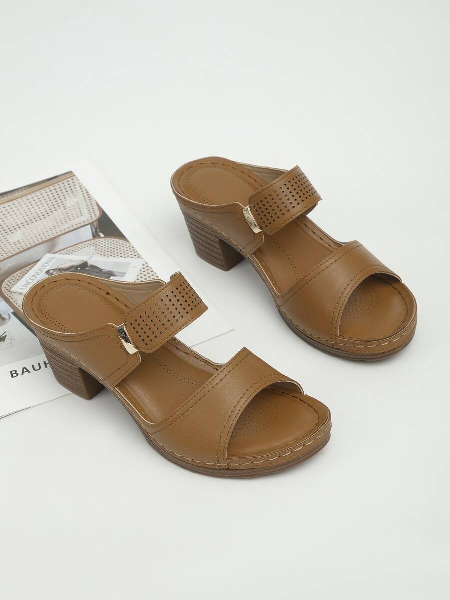 Minimalist Hollow Out Chunky Sandal Mules - Brown - View 1