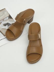 Minimalist Hollow Out Chunky Sandal Mules - Brown - View 2