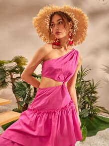 SHEIN Vestido de un hombro con abertura bajo asimétrico - Rosa Fucsia - Ver 5