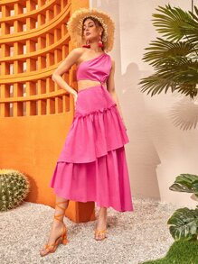 SHEIN Vestido de un hombro con abertura bajo asimétrico - Rosa Fucsia - Ver 6