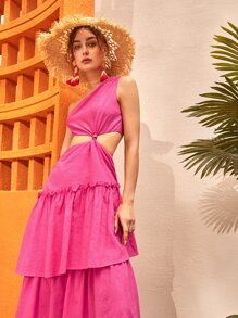 SHEIN Vestido de un hombro con abertura bajo asimétrico - Rosa Fucsia - Ver 8