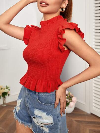 SHEIN PETITE シール フリルトリム ペプラムブラウス