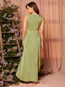 SHEIN Belle Vestido de dama de honor bajo asimétrico de satén - Verde Oliva - Ver 2