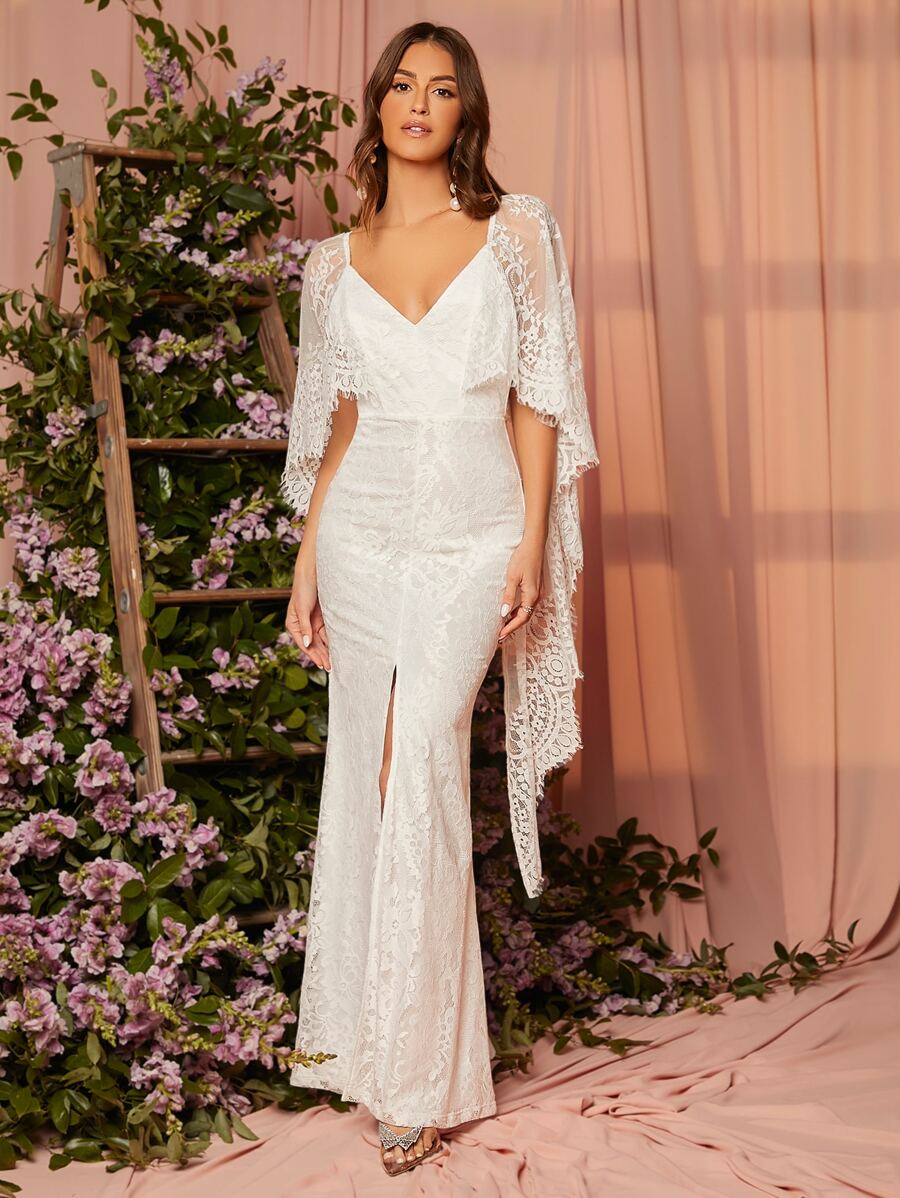 SHEIN Belle 雞心領口露背斗篷袖高衩蕾絲婚紗連衣裙 - 白色 - 查看 1