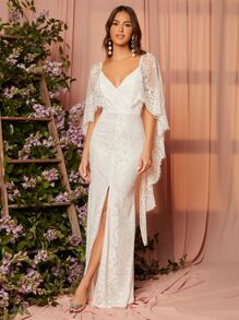 SHEIN Belle 雞心領口露背斗篷袖高衩蕾絲婚紗連衣裙 - 白色 - 查看 3