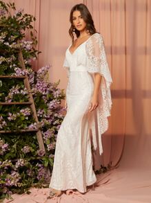 SHEIN Belle 雞心領口露背斗篷袖高衩蕾絲婚紗連衣裙 - 白色 - 查看 4