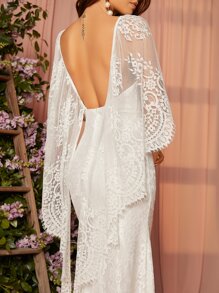 SHEIN Belle 雞心領口露背斗篷袖高衩蕾絲婚紗連衣裙 - 白色 - 查看 5