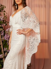 SHEIN Belle 雞心領口露背斗篷袖高衩蕾絲婚紗連衣裙 - 白色 - 查看 6