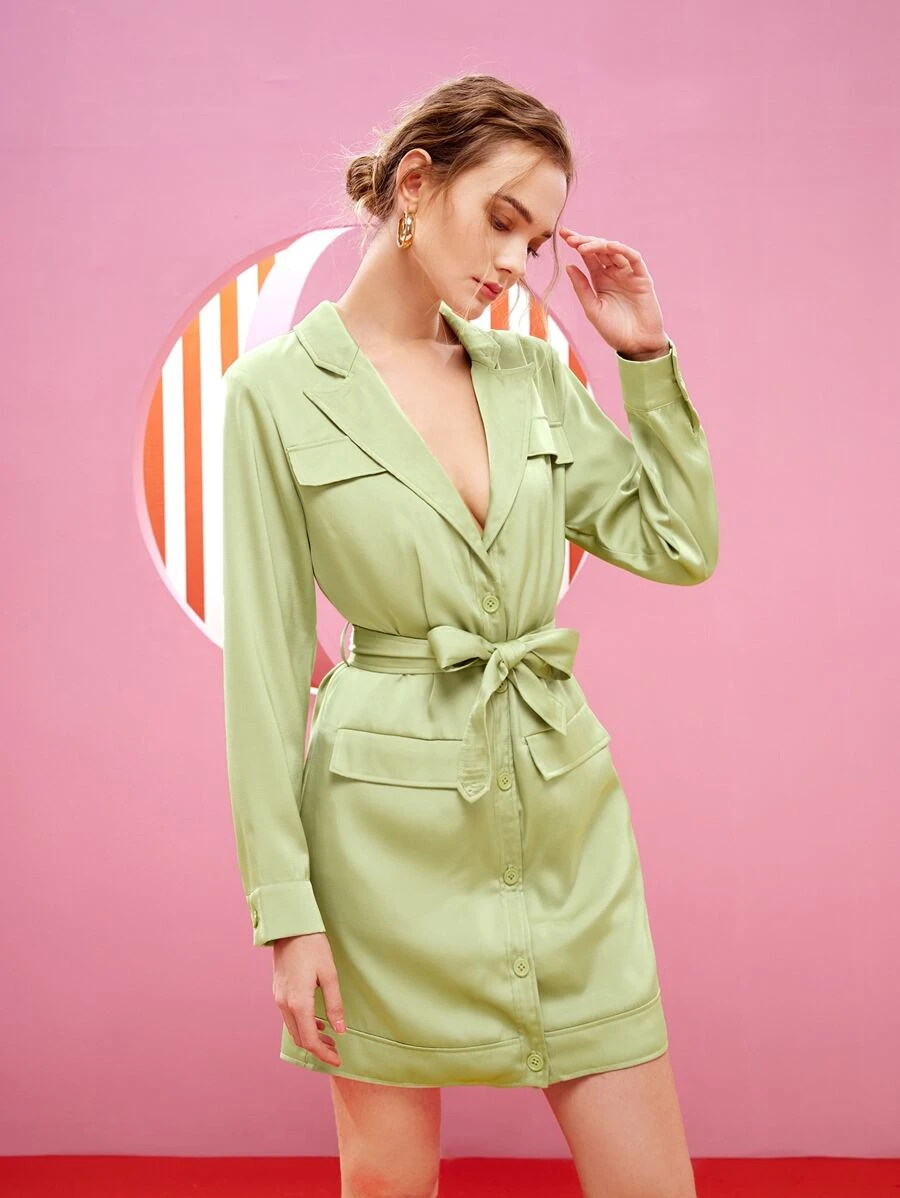 Vonna Del Lapel Neck Button Front Belted Dress - Lime Green - View 1