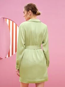 Vonna Del Lapel Neck Button Front Belted Dress - Lime Green - View 2