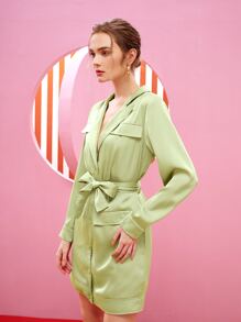 Vonna Del Lapel Neck Button Front Belted Dress - Lime Green - View 3