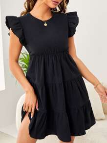 SHEIN Privé Flutter Sleeve Keyhole Back Ruffle Hem Dress,Tea Party Dress,Summer Dresses For Women - Black - View 1