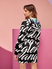 Juan Carlos Angleró 花卉和字母圖案插肩袖連帽連衣裙 - 黑與白 - 查看 2