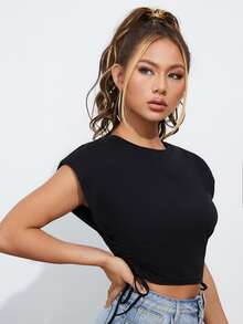 SHEIN Unity Drawstring Side Shoulder Pads Tank Top - Black - View 5