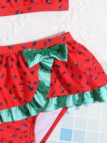 Conjunto de bikini con estampado de sandía y ribete de volantes para niña, ideal para playa de verano - Rojo - Ver 3