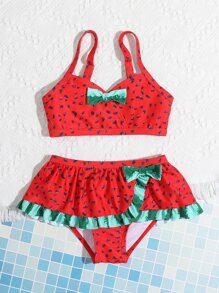 Conjunto de bikini con estampado de sandía y ribete de volantes para niña, ideal para playa de verano - Rojo - Ver 5