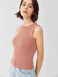 SHEIN 再生滌合身背心上衣 - 紅白色 - 查看 6