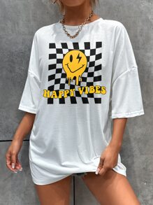 SHEIN Unity 字母和表情圖案落肩T恤 - 白色 - 查看 1