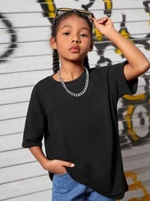 SHEIN 女孩反光標語圖案落肩T恤 - 黑色 - 查看 4