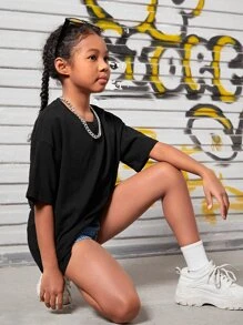 SHEIN 女孩反光標語圖案落肩T恤 - 黑色 - 查看 5