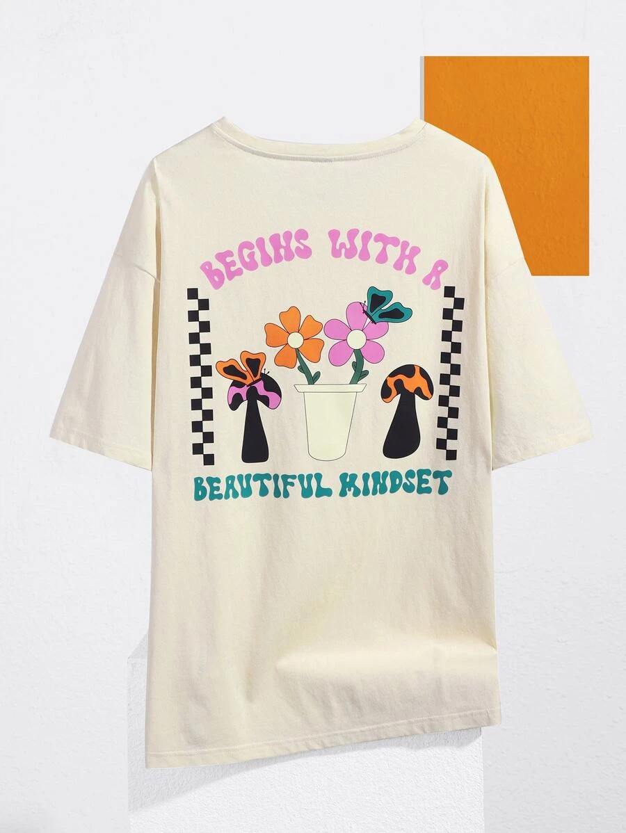 themindfulbutterflyy Letter & Floral Print Tee - Apricot - View 1