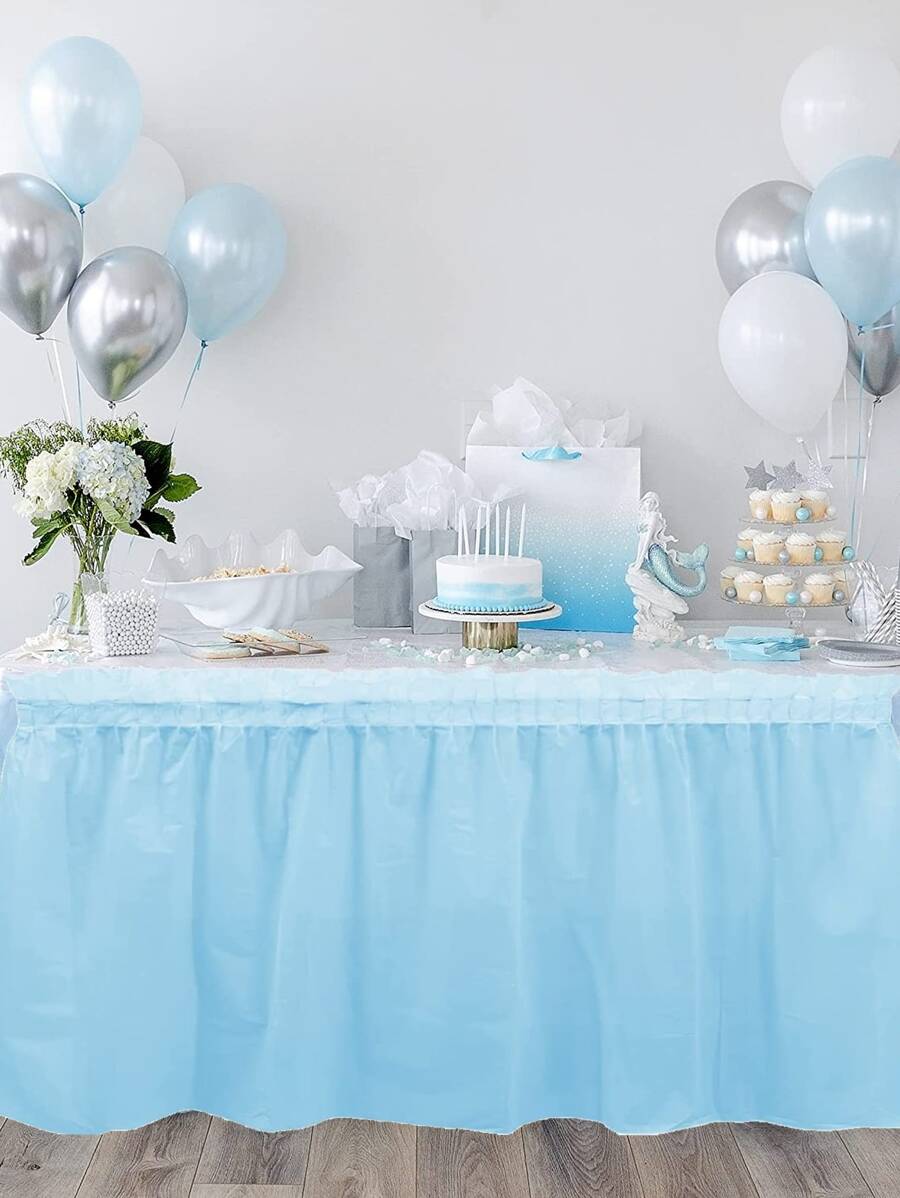 2pcs Plain Disposable Tablecloth, Blue PE Table Skirt For Party - Blue - View 1