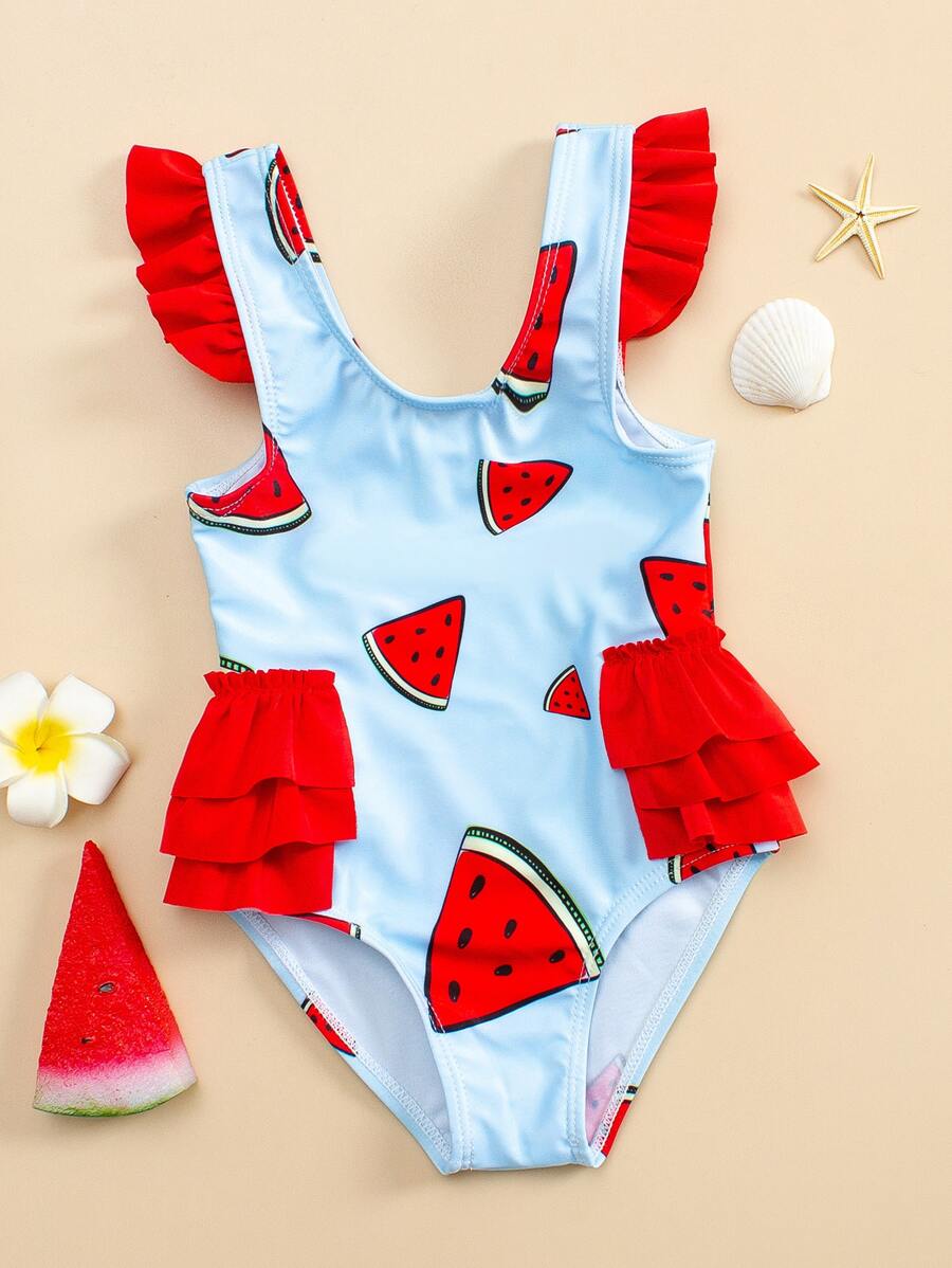 Bebé niña Bañador una pieza con estampado de sandía ribete con fruncido - Multicolor - Ver 1