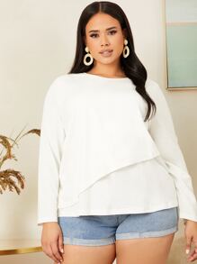 SHEIN Plus Solid Layered Hem Tee - White - View 5