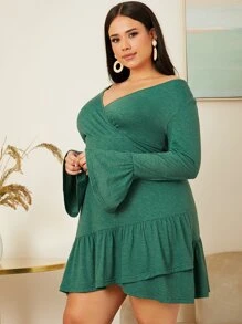 SHEIN Vestido de manga con volante de cuello cruzado bajo con fruncido - Verde - Ver 3