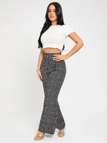 SHEIN PETITE High Waist Ditsy Floral Wide Leg Trousers - Black and White - View 4