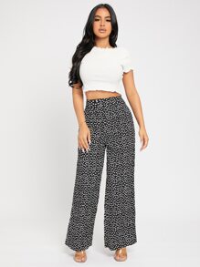 SHEIN PETITE High Waist Ditsy Floral Wide Leg Trousers - Black and White - View 5