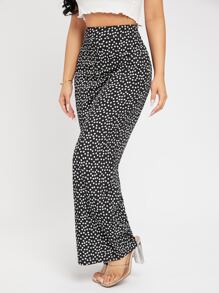 SHEIN PETITE High Waist Ditsy Floral Wide Leg Trousers - Black and White - View 6