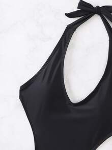 Cut-Out Halter One Piece Swimsuit With Beach Shorts, For Summer Vacation - Black - View 3
