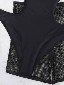 Cut-Out Halter One Piece Swimsuit With Beach Shorts, For Summer Vacation - Black - View 4