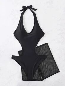 Cut-Out Halter One Piece Swimsuit With Beach Shorts, For Summer Vacation - Black - View 6