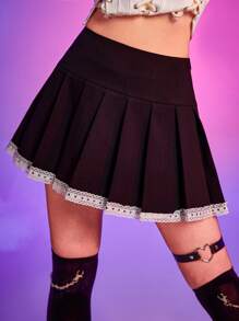 Lace Trim Pleated Skirt - Black - View 1